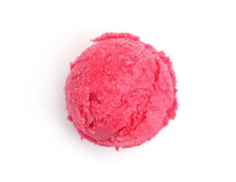 Photo of One scoop of delicious ice cream on white background, top view
