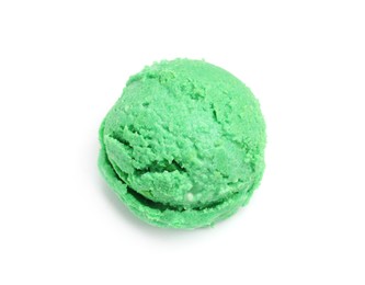Photo of One scoop of delicious ice cream on white background, above view