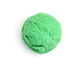 Photo of One scoop of delicious ice cream on white background, top view