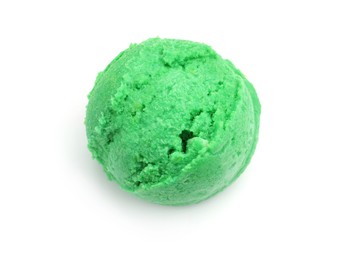 Photo of One scoop of delicious ice cream on white background, top view