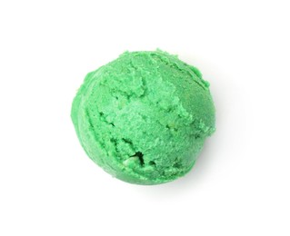 Photo of One scoop of delicious ice cream on white background, top view