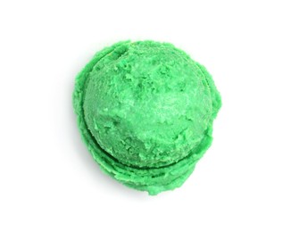 Photo of One scoop of delicious ice cream on white background, top view