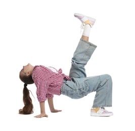 Photo of Girl in stylish clothes and sunglasses dancing on white background