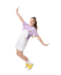 Photo of Girl in stylish clothes dancing on white background