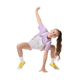 Photo of Girl in stylish clothes dancing on white background