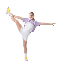 Photo of Girl in stylish clothes dancing on white background
