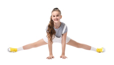 Photo of Girl in stylish clothes dancing on white background