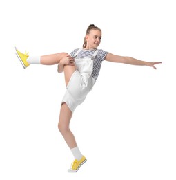Photo of Girl in stylish clothes dancing on white background