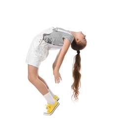 Photo of Girl in stylish clothes dancing on white background