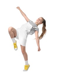 Photo of Girl in stylish clothes dancing on white background