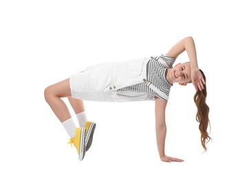 Photo of Girl in stylish clothes dancing on white background