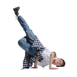 Photo of Boy in stylish clothes dancing on white background