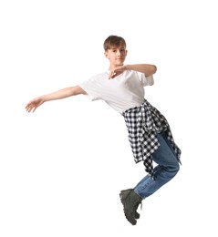 Photo of Boy in stylish clothes dancing on white background