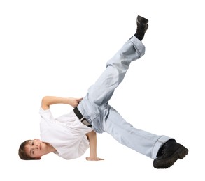 Photo of Boy in stylish clothes dancing on white background