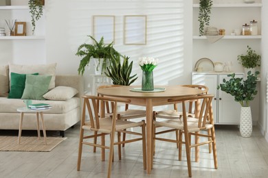 Photo of Comfortable sofa, table, chairs and green houseplants indoors. Interior design