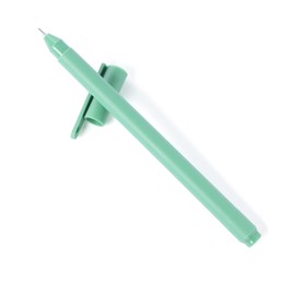Photo of One stylish pen and lid isolated on white, top view