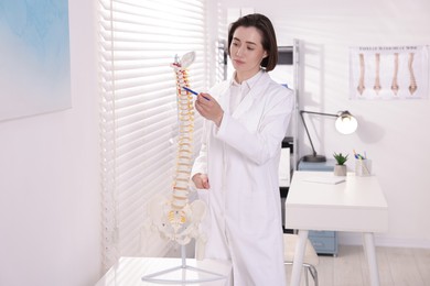 Photo of Doctor pointing at sections of human spine model in clinic