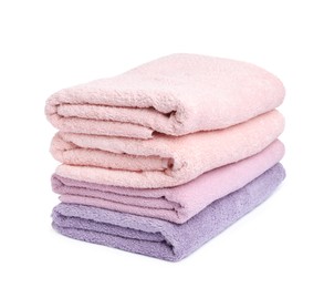 Photo of Stack of clean towels isolated on white