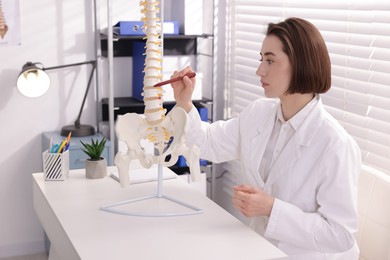 Photo of Doctor pointing at sections of human spine model at desk in clinic