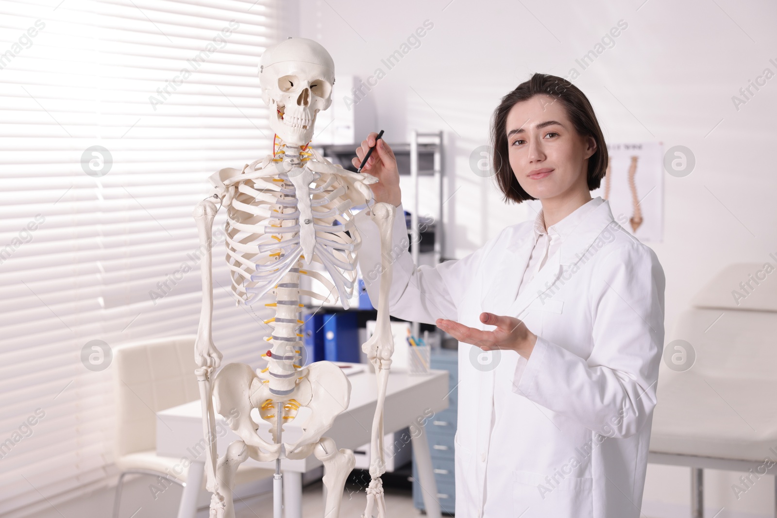 Photo of Doctor pointing at parts of human skeleton model in clinic