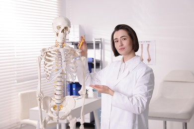 Photo of Doctor pointing at parts of human skeleton model in clinic