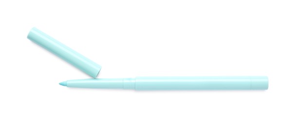 Photo of Light blue twist up eye pencil isolated on white, top view