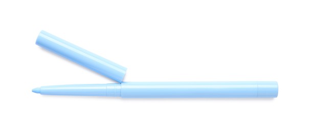 Photo of Light blue twist up eye pencil isolated on white, top view
