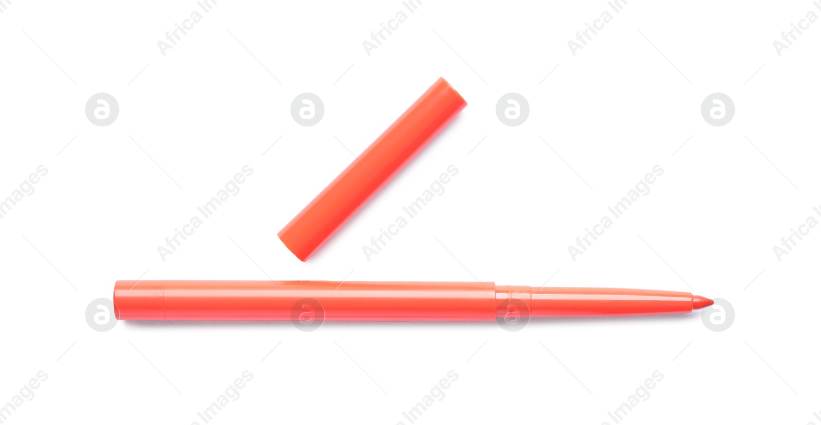 Orange twist up eye pencil isolated on white, top view Photo of Orange twist up eye pencil isolated on white, top view