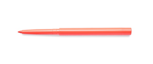 Photo of Orange twist up eye pencil isolated on white, top view
