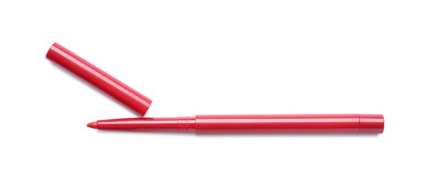 Photo of Red twist up eye pencil isolated on white, top view