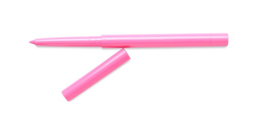 Photo of Pink twist up eye pencil isolated on white, top view