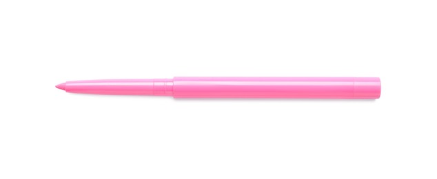 Photo of Pink twist up eye pencil isolated on white, top view