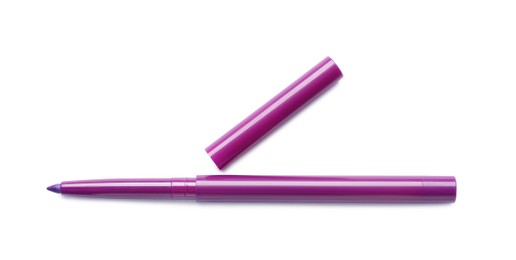 Photo of Purple twist up eye pencil isolated on white, top view