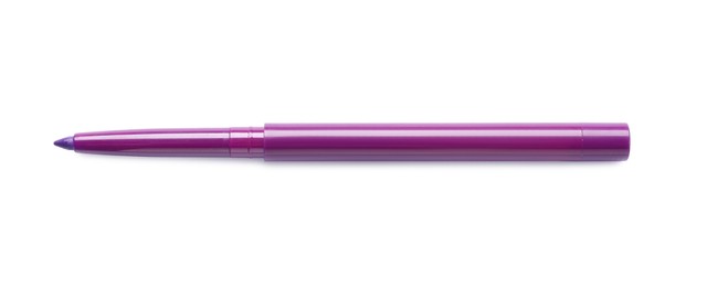 Photo of Purple twist up eye pencil isolated on white, top view