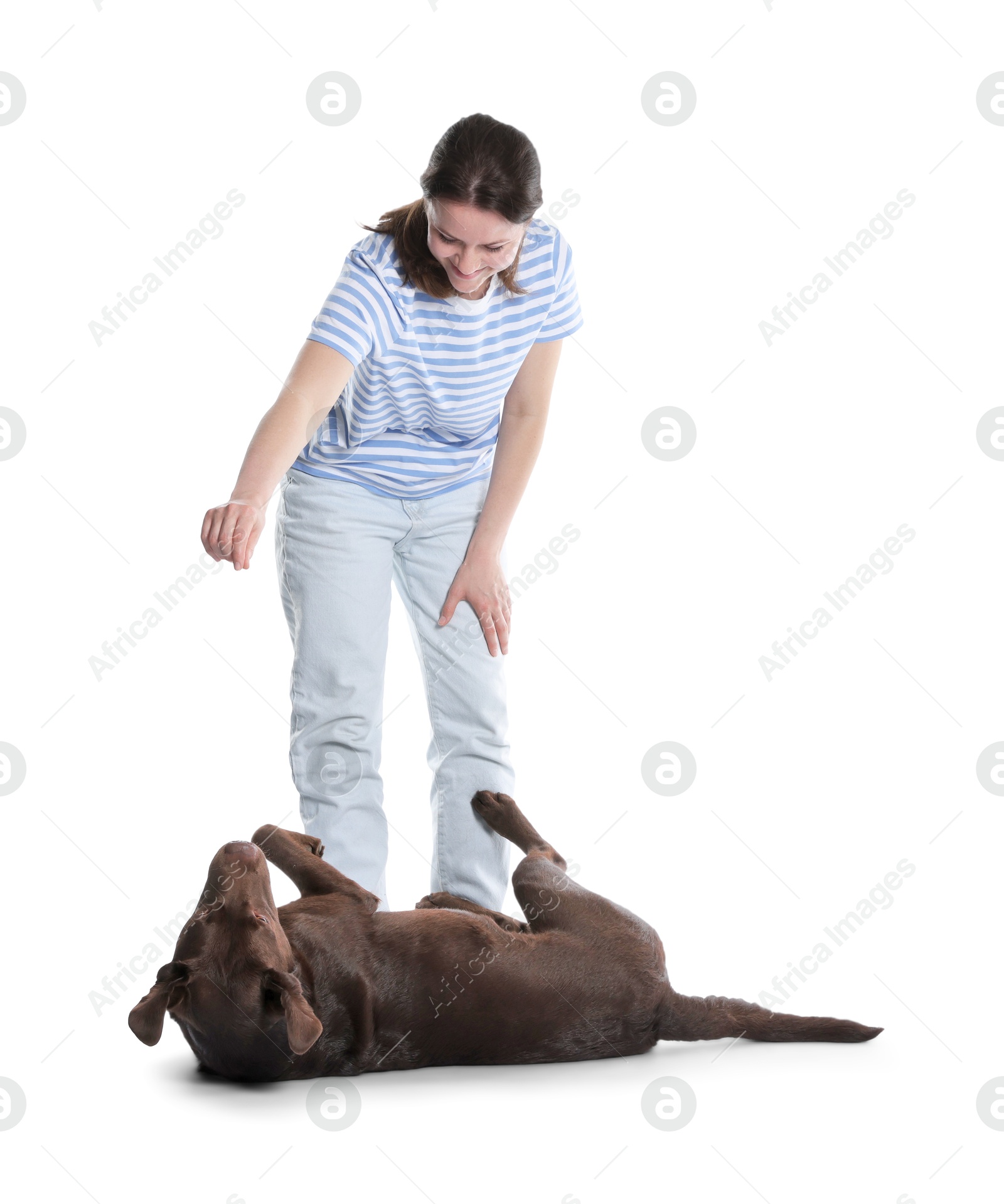 Happy woman training her dog on white background Photo of Happy woman training her dog on white background
