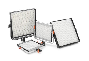 Photo of Professional lighting equipment. LED lamps isolated on white