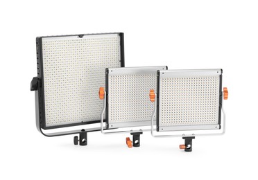 Photo of Professional lighting equipment. LED lamps isolated on white