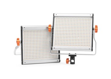 Photo of Professional lighting equipment. LED lamps isolated on white