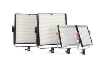 Photo of Professional lighting equipment. LED lamps isolated on white