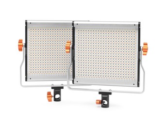 Photo of Professional lighting equipment. LED lamps isolated on white