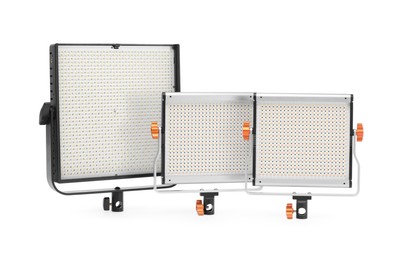 Photo of Professional lighting equipment. LED lamps isolated on white