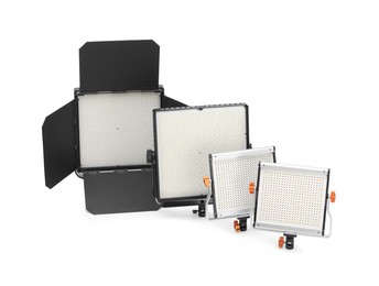 Photo of Professional lighting equipment. LED lamps isolated on white