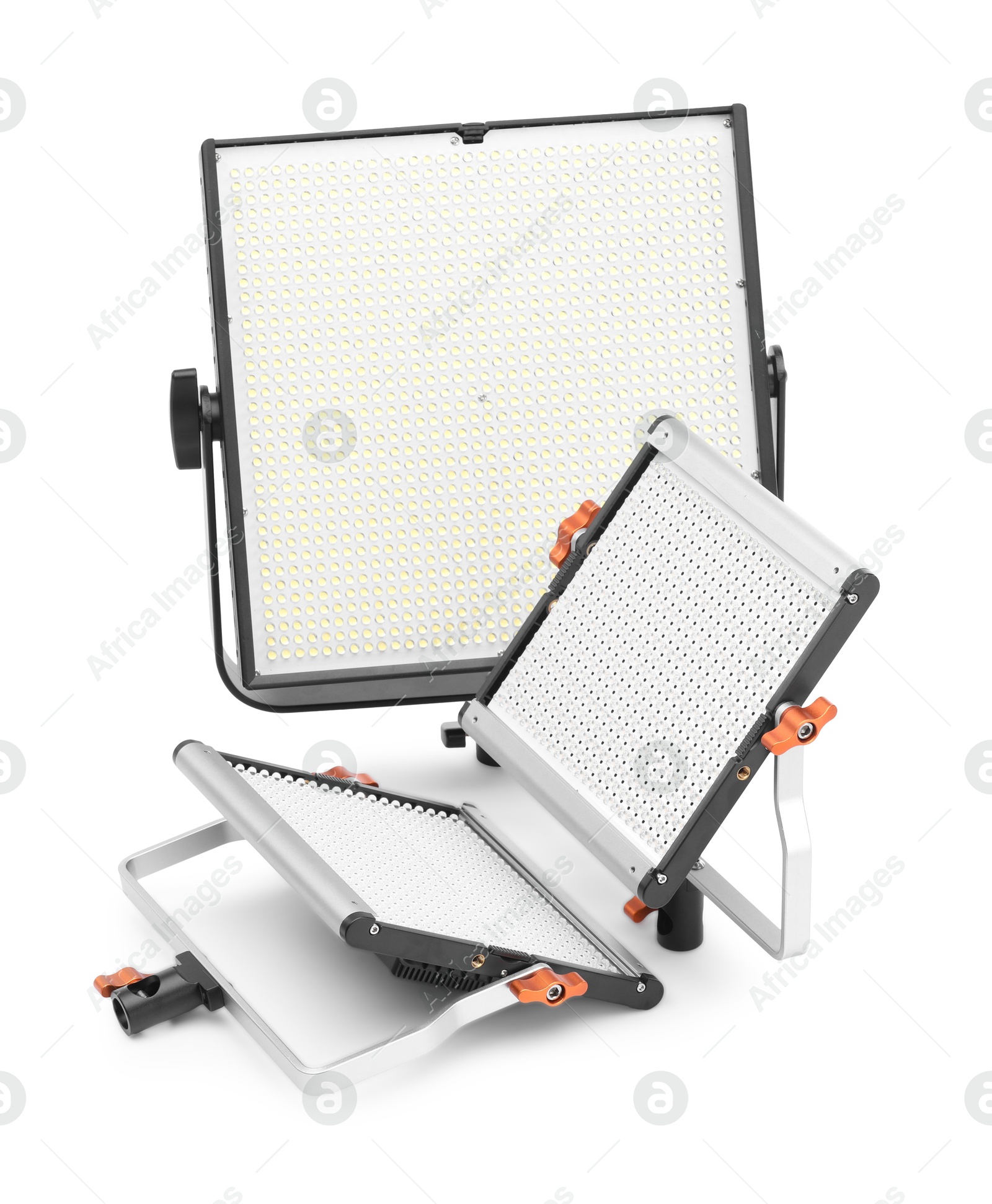 Photo of Professional lighting equipment. LED lamps isolated on white