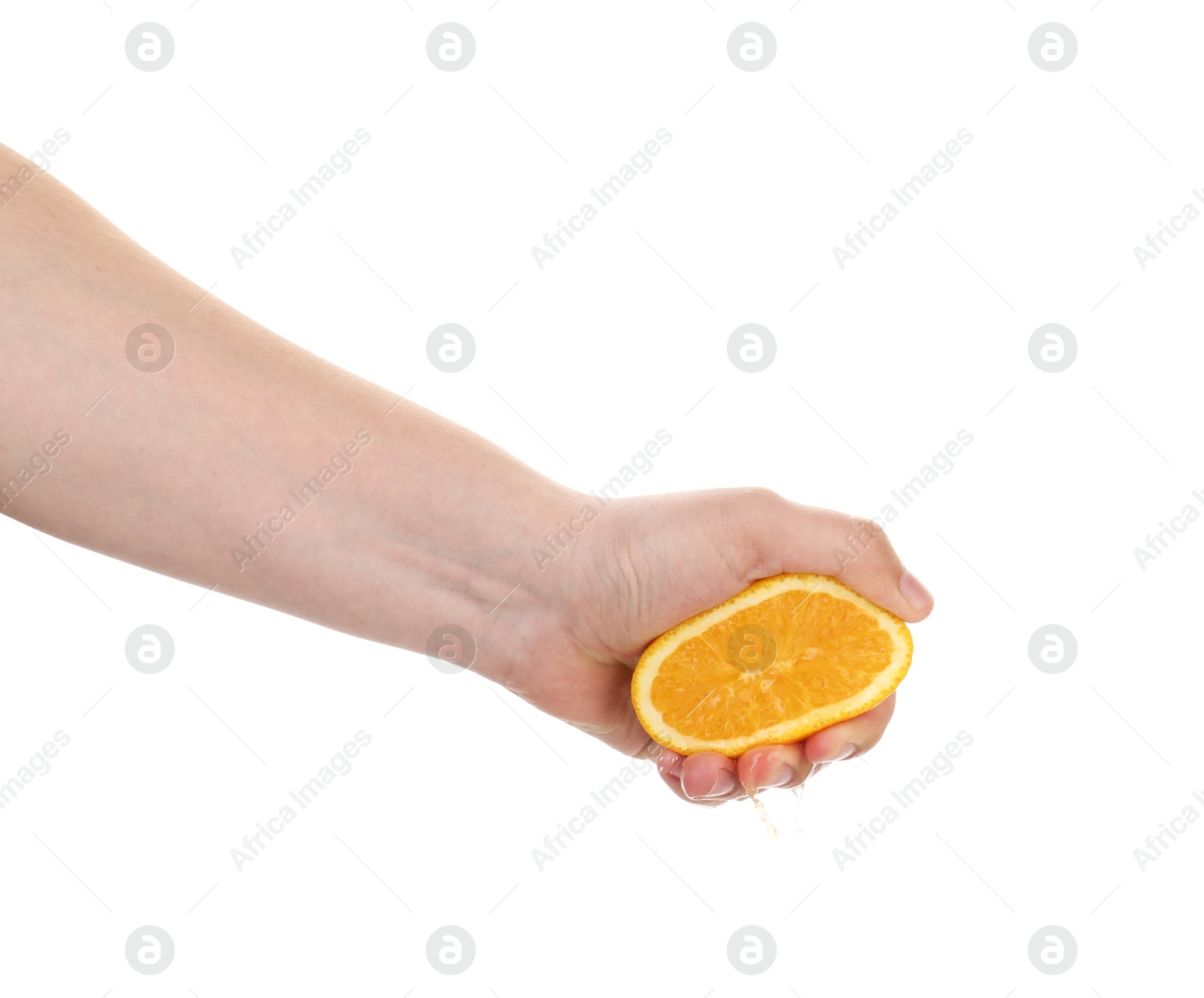 Woman squeezing orange on white background, closeup Photo of Woman squeezing orange on white background, closeup