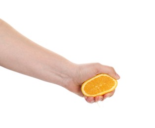 Photo of Woman squeezing orange on white background, closeup