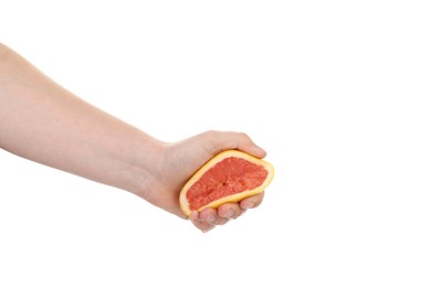 Photo of Woman squeezing grapefruit on white background, closeup
