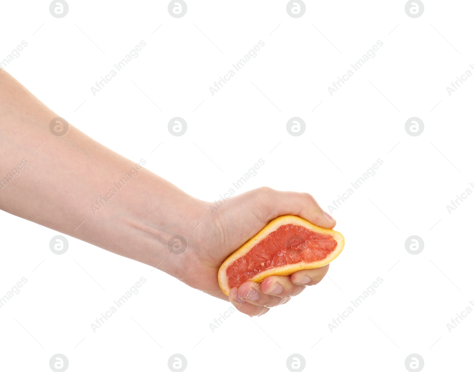 Woman squeezing grapefruit on white background, closeup Photo of Woman squeezing grapefruit on white background, closeup
