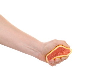Photo of Woman squeezing grapefruit on white background, closeup