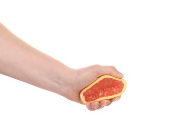 Photo of Woman squeezing grapefruit on white background, closeup
