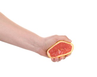 Photo of Woman squeezing grapefruit on white background, closeup
